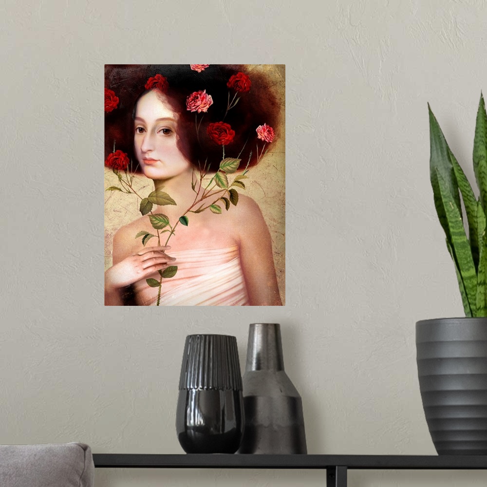 A modern room featuring A portrait of a lovely young lady holding a branch of roses that are intertwining through her hair.