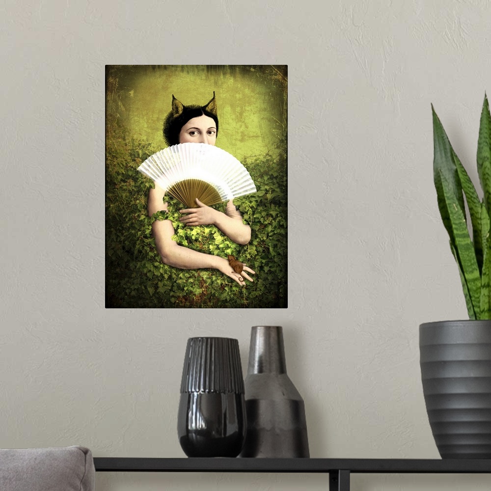 A modern room featuring A mixed media painting of a woman peering above a fan.
