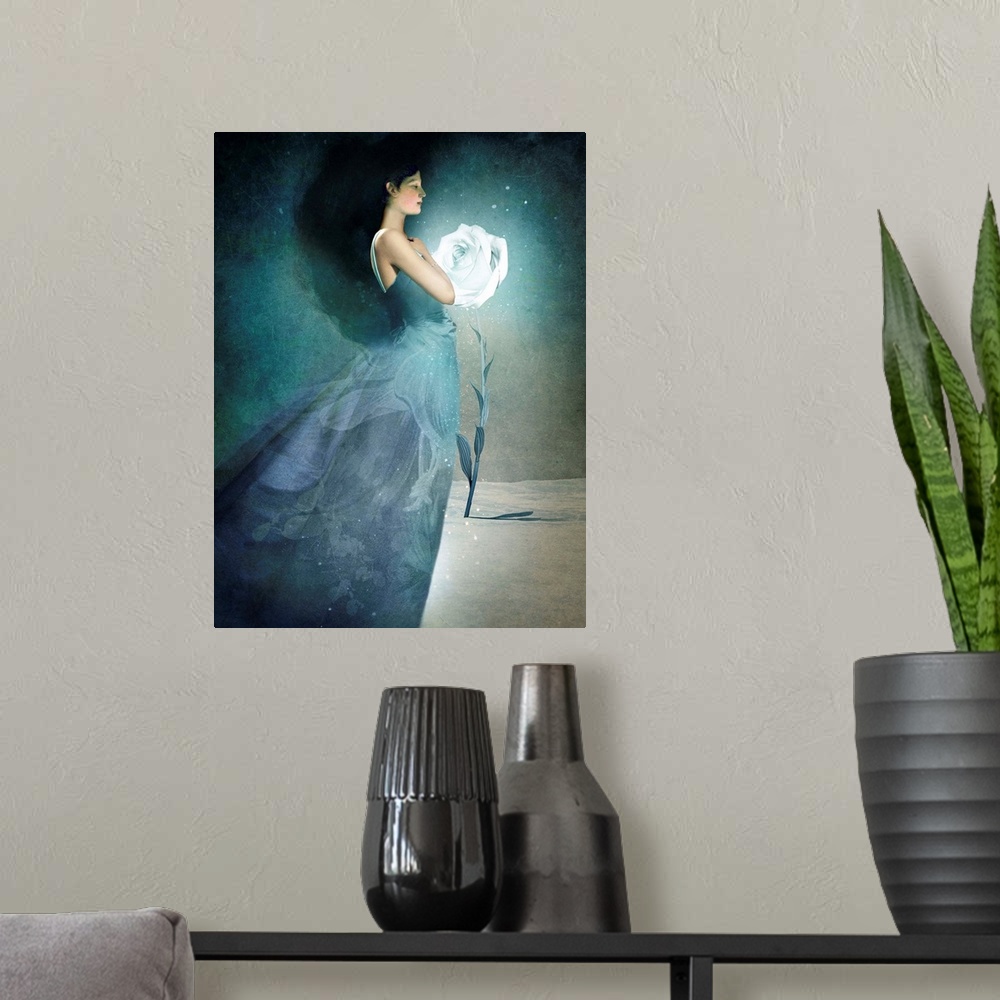 A modern room featuring A portrait of a young lady in a blue dress next to a white rose surrounded by stars.
