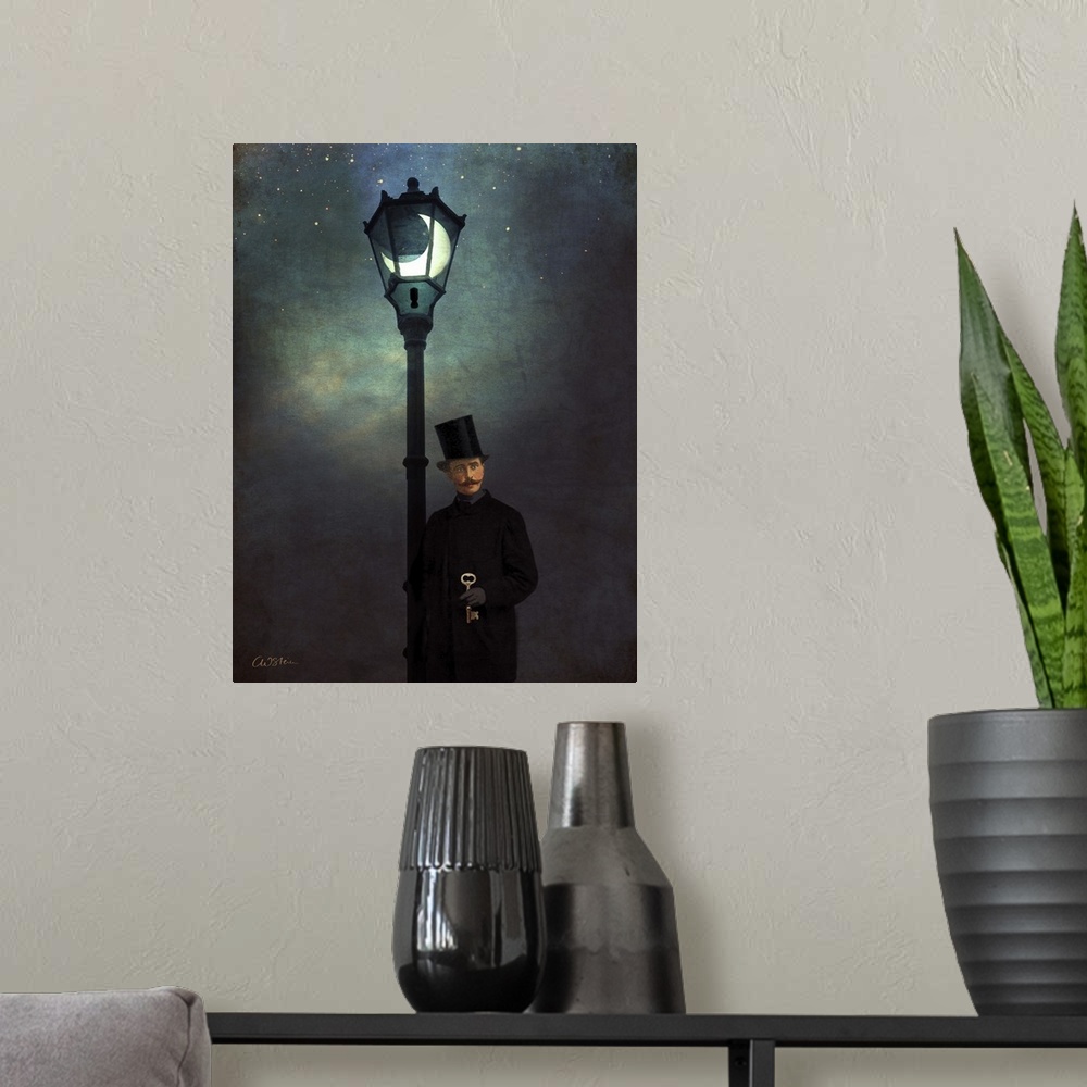 A modern room featuring A vertical painting of a man holding a key next to a lamppost.