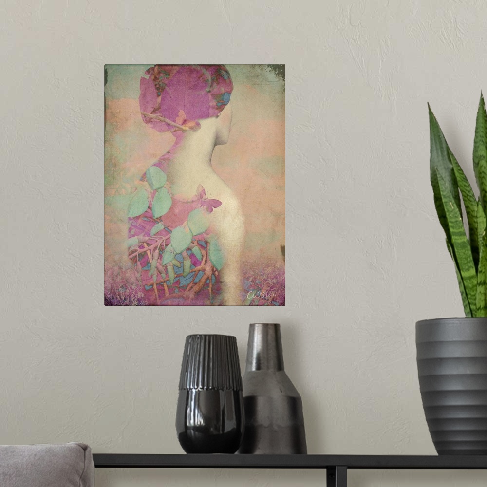 A modern room featuring A portrait of a woman looking away with a overlap of floral branches in pastel colors.