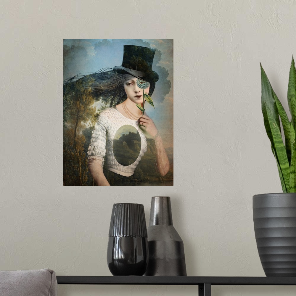 A modern room featuring A portrait of a lady with a top hat is looking through a flower at one eye.  You can see the coun...