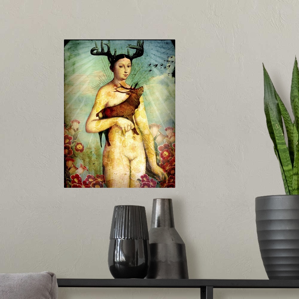 A modern room featuring Composite artwork of a nude woman with antlers holding an elk, surrounded by flowers.