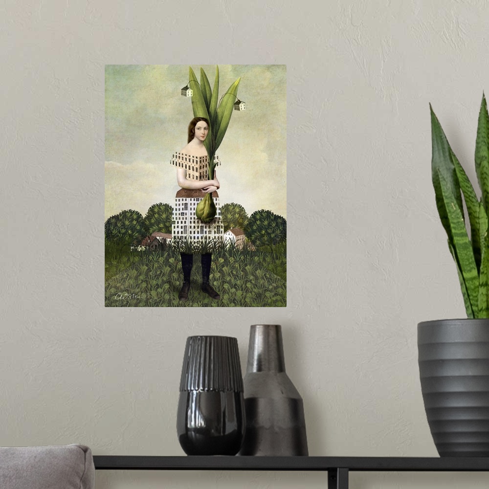 A modern room featuring A young lady is holding a large plant with tiny houses hanging from it.  Her dress has the patter...