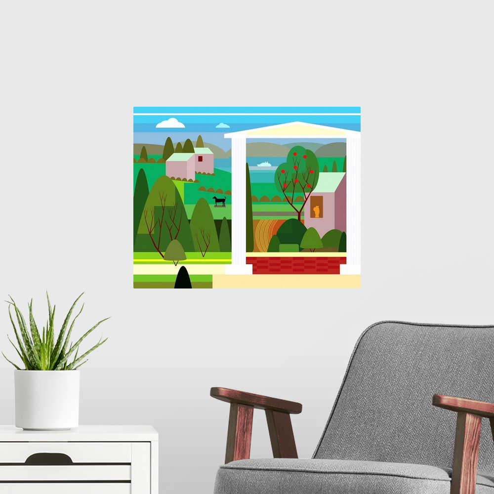 A modern room featuring Fresh green northern landscape with gardens, water, architectural elements and dog.