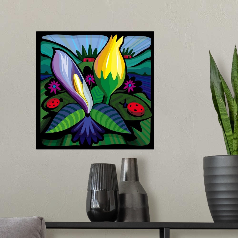 A modern room featuring A square digital illustration of a blooming flowers with ladybugs.