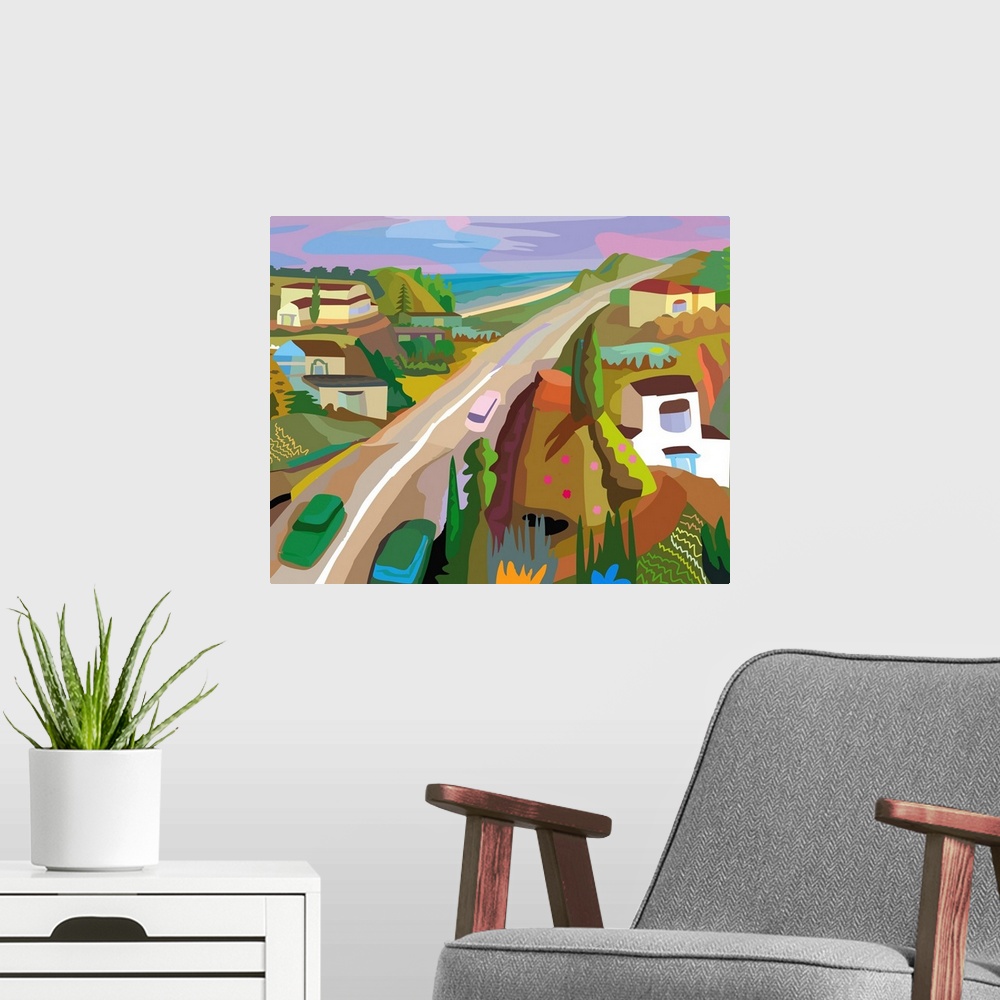 A modern room featuring Road, cars, houses, green hills, and ocean combine for fresh, morning air coastal landscape.