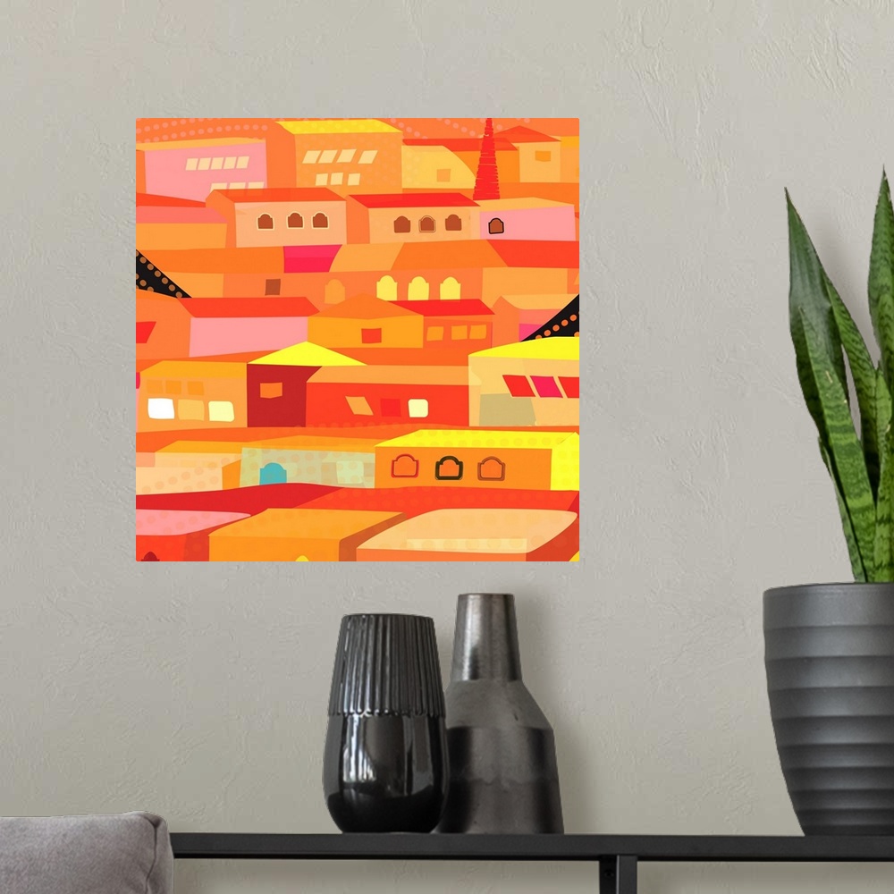 A modern room featuring Artistic digital illustration in hues of vibrant orange of a village along a hillside.