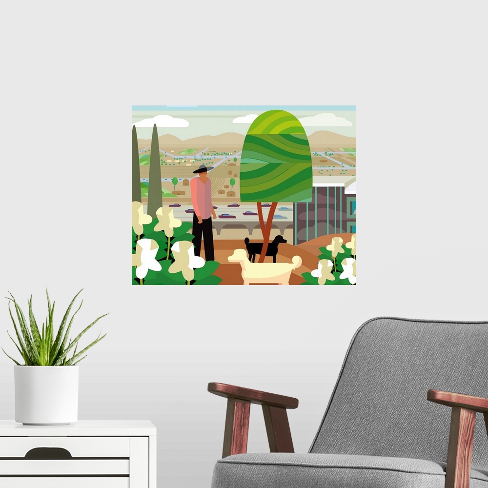 A modern room featuring Scenic view of city and farms in the distance.