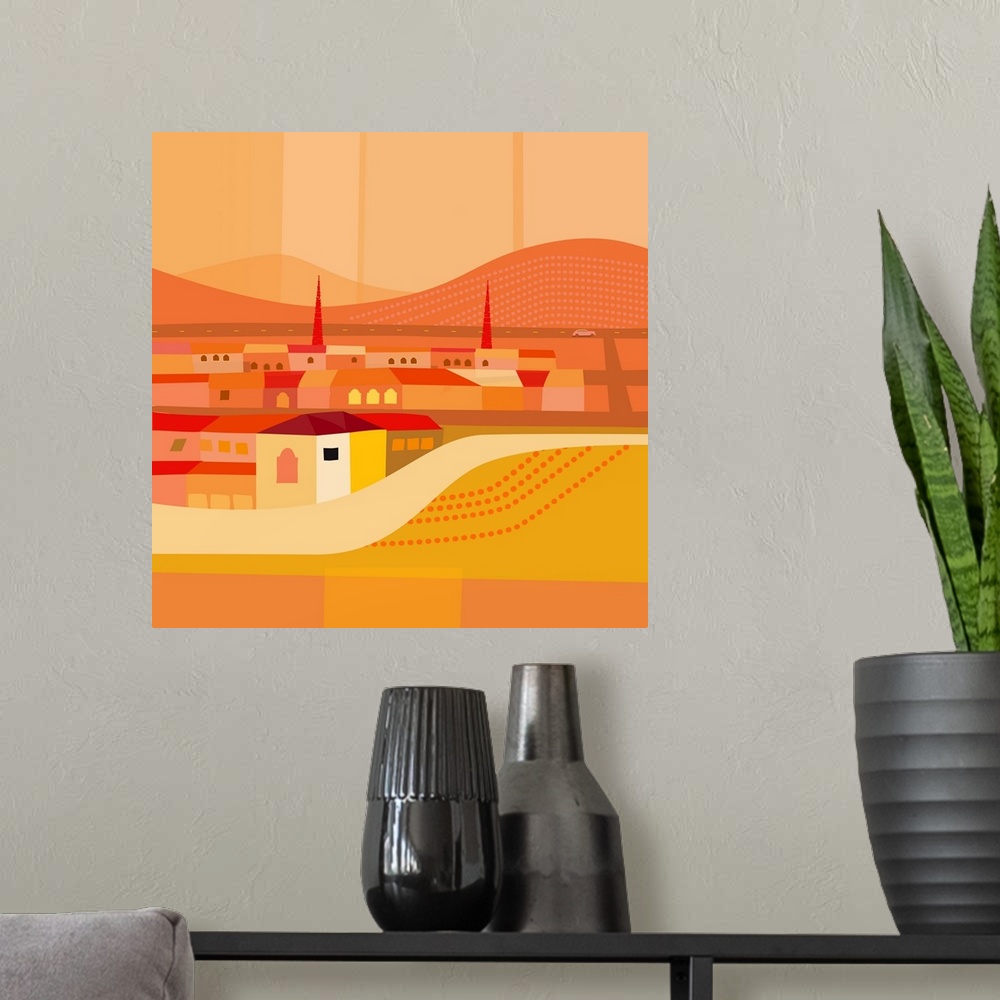 A modern room featuring Vibrant modern illustration of Sonoita, AZ in various shades of orange and yellow.