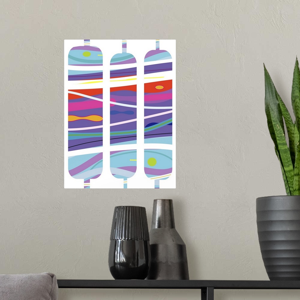 A modern room featuring Abstract shapes aquamarine pattern, vertical with purple, pink, cool colors like guatemalan texti...