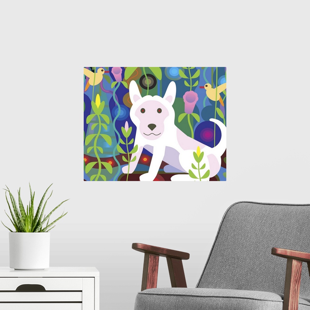 A modern room featuring White Dog in Jungle (Horizontal)