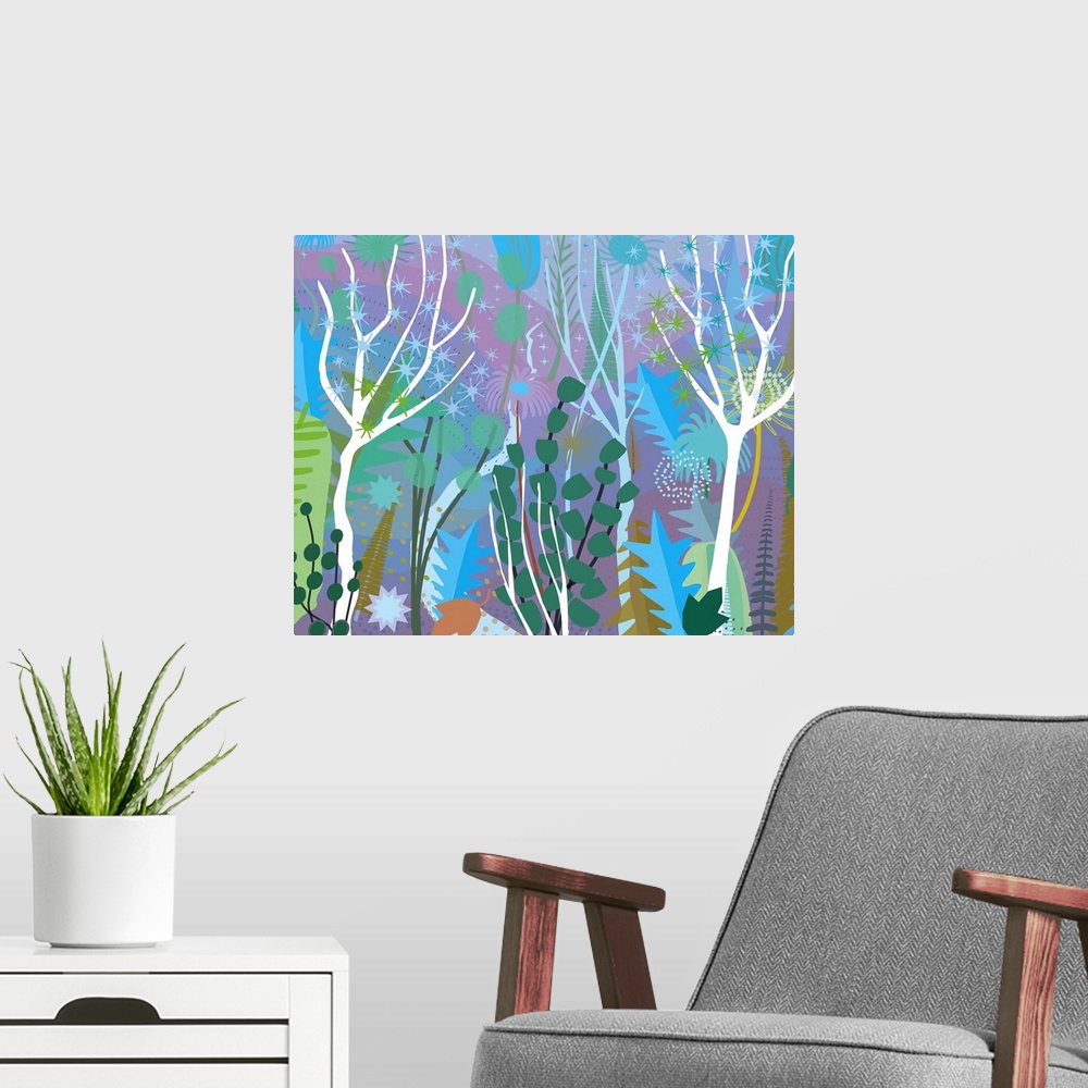 A modern room featuring Close up of stylized blowing forest landscape in pastel blues and purples.
