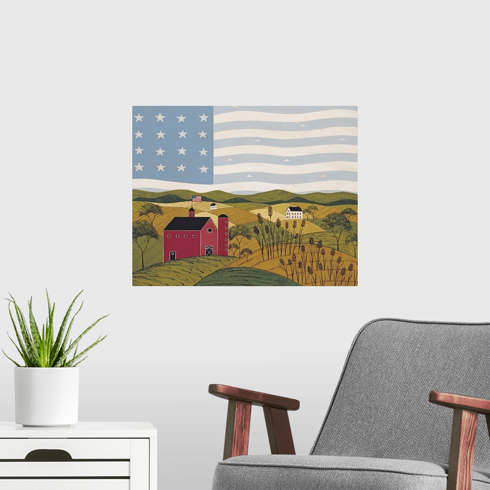 A modern room featuring Painting on canvas of a countryside with an American flag flying on top of a barn as well has in ...