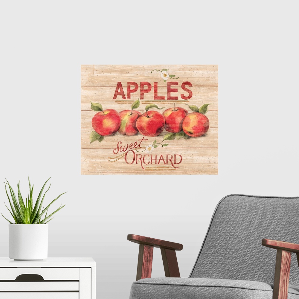 A modern room featuring A vintage apple orchard sign evokes childhood memories of apple-picking!