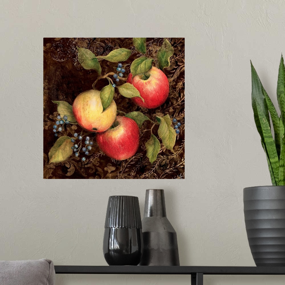 A modern room featuring Elegant and traditional fruit scene is perfect for the dining room or kitchen!