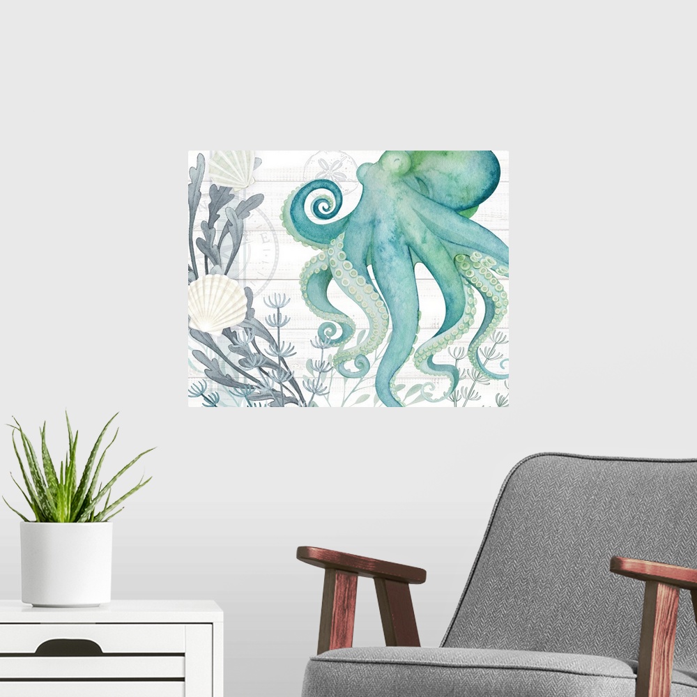 A modern room featuring Swirling arms of the mystical octopusoin a sea-glass tone for your beach decor!