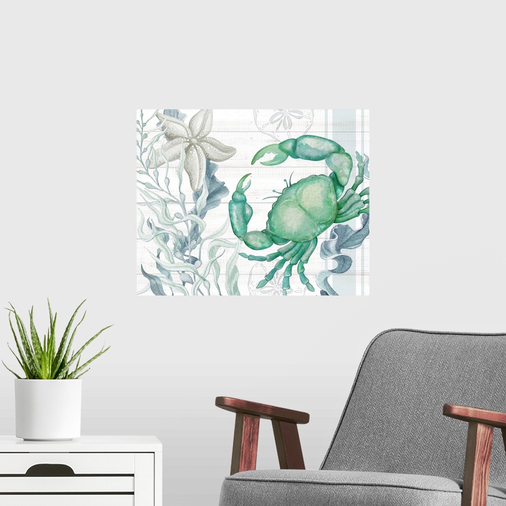 A modern room featuring The popular crab featured in this sea-glass toned art is perfect for any beach house decor!