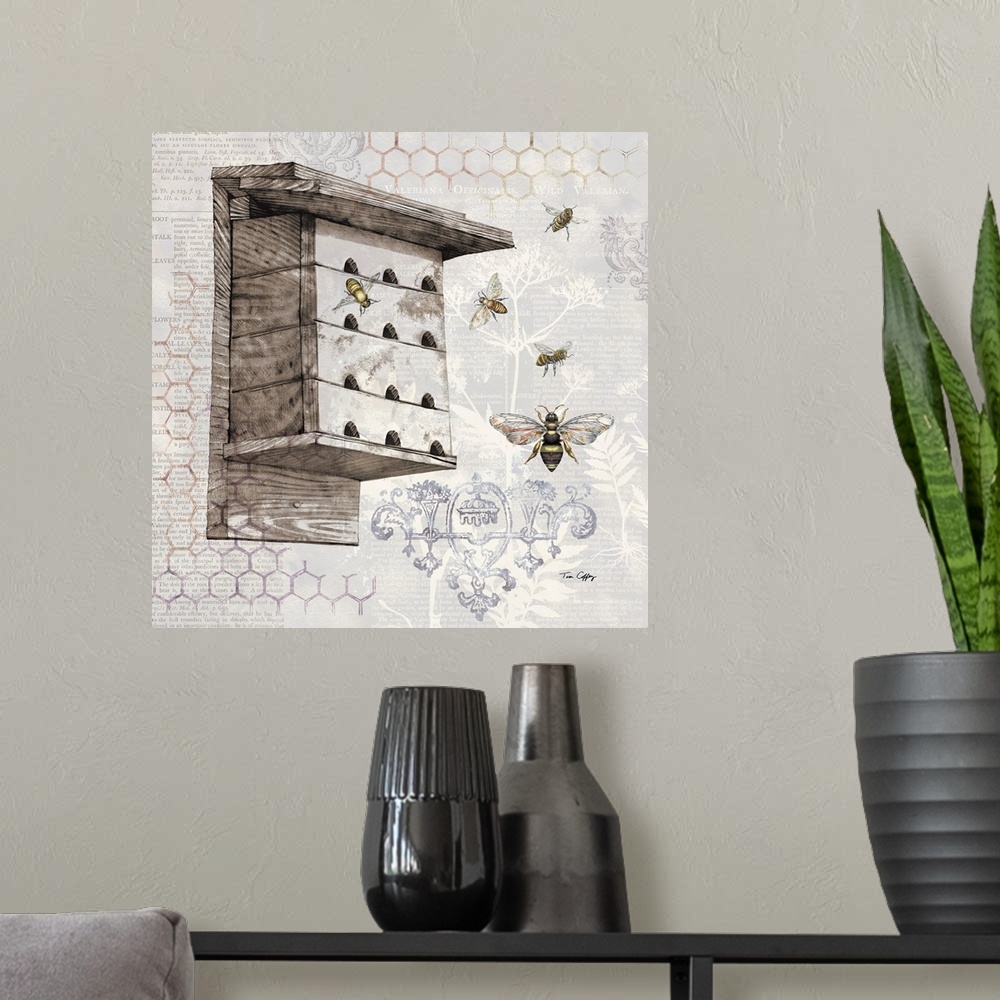 A modern room featuring A classic and elegant botanical of a bee house in a soft neutral palette.