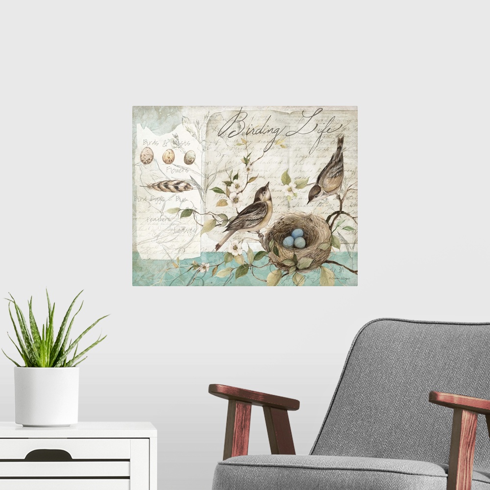 A modern room featuring Lovely sketchbook bird art is a soft accent den, living room or bedroom.