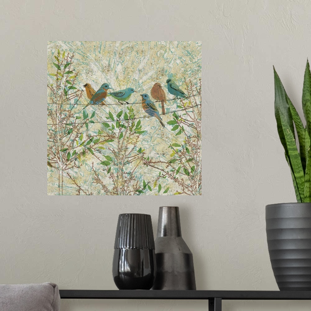 A modern room featuring Popular birds on a wire set against city skyline, great contemporary juxtaposition!