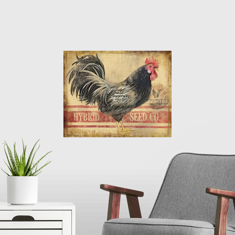 A modern room featuring Sophisticated country rooster on burlap seed bag treatment