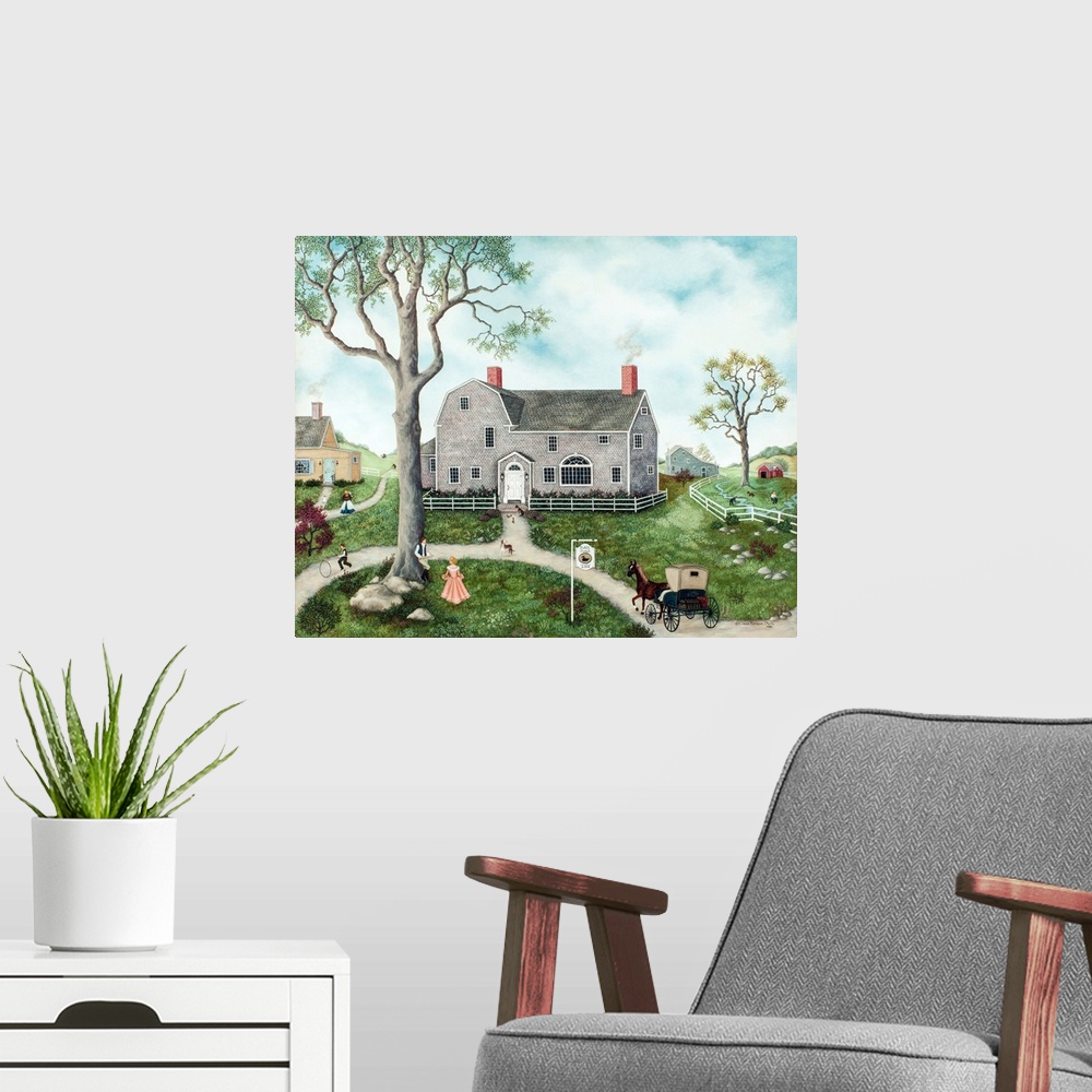 A modern room featuring A contemporary painting of a countryside village scene.