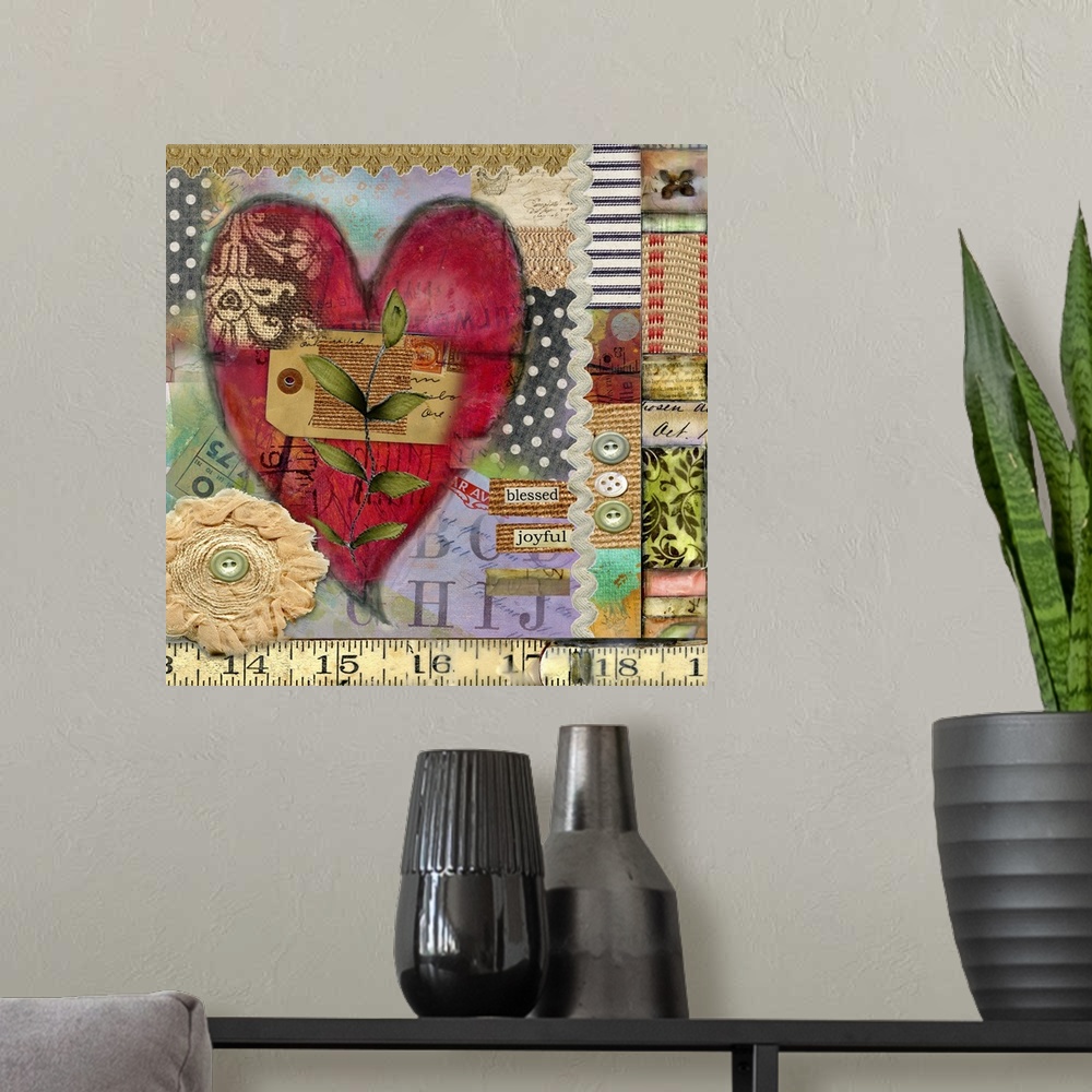 A modern room featuring Vintage heart ephemera collage with textural feel, beautiful for any room