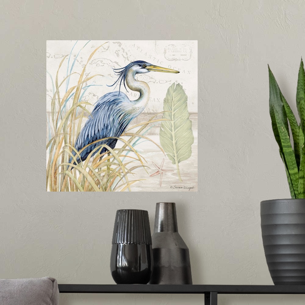 A modern room featuring Softly hued scene featuring the striking blue heron is a subtle and tasteful coastal statement.