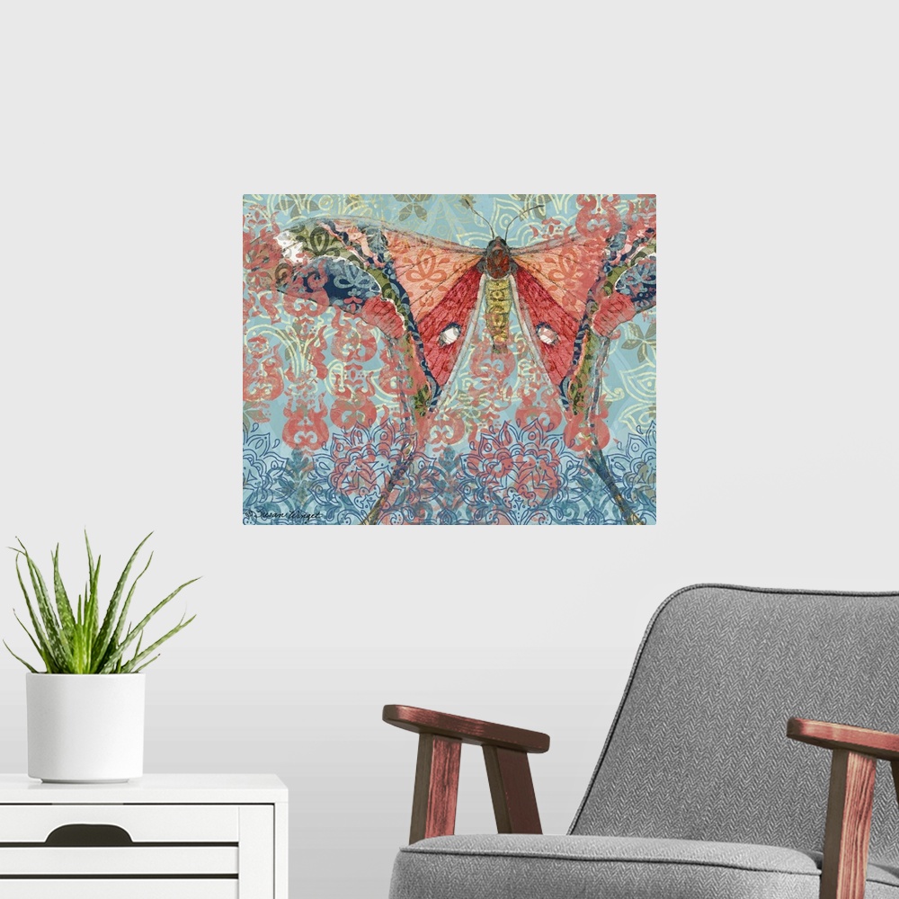 A modern room featuring Blue And Pink Big Winged Butterfly on decorative ornate blue background.