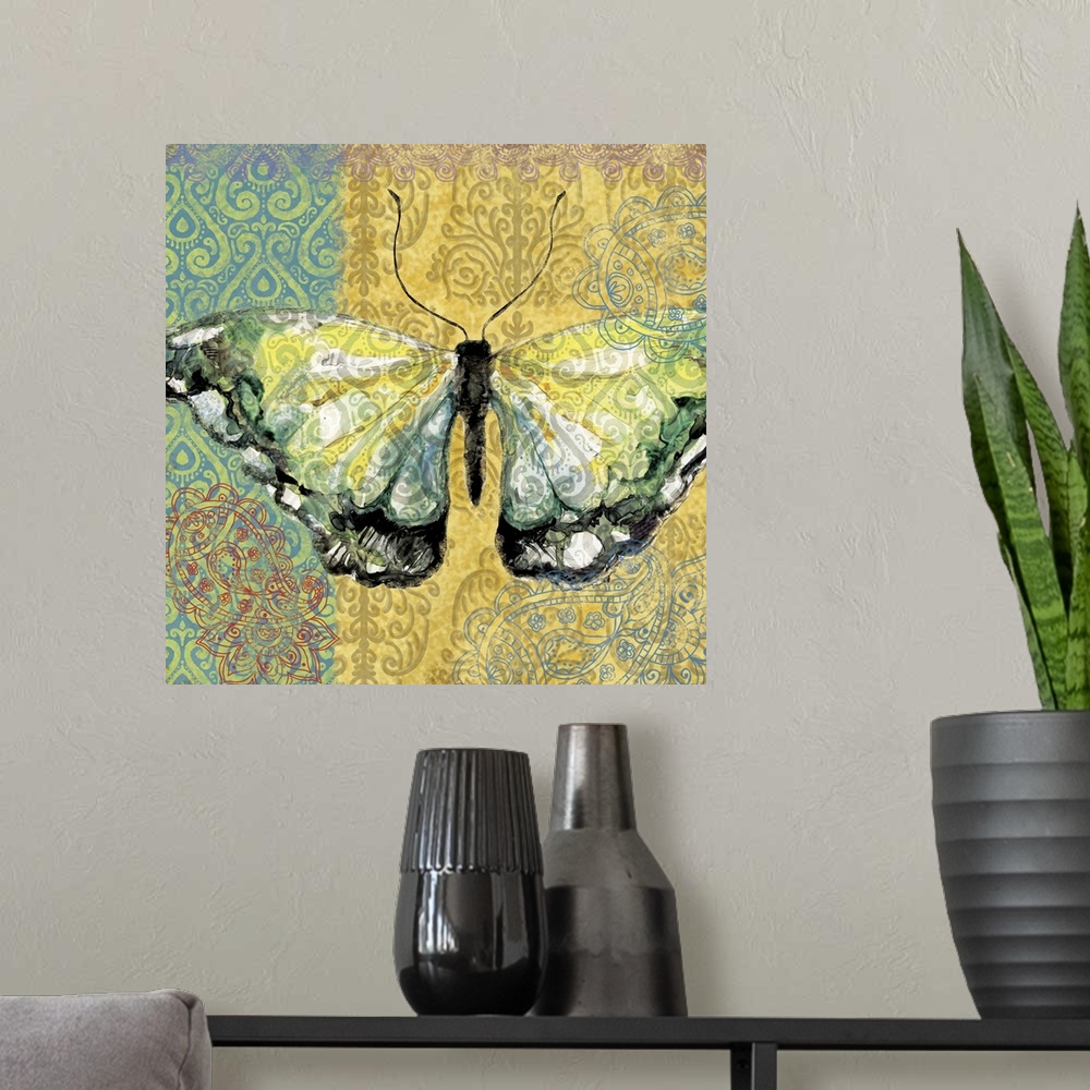 A modern room featuring Yellow and green butterfly on colorful ornate background