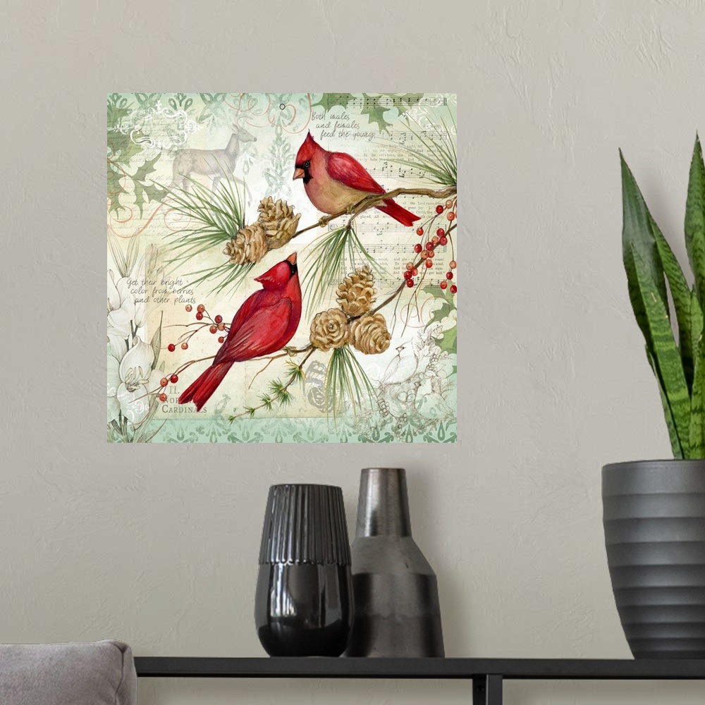A modern room featuring Botanical bird scene brinks the beauty of nature into your winter holiday decor.