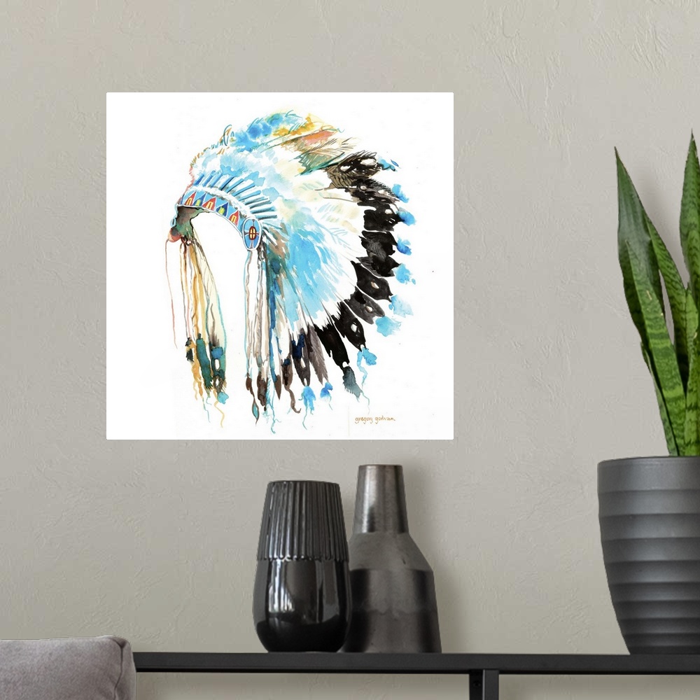 A modern room featuring Traditional Native American headdress in all it's magnificence.