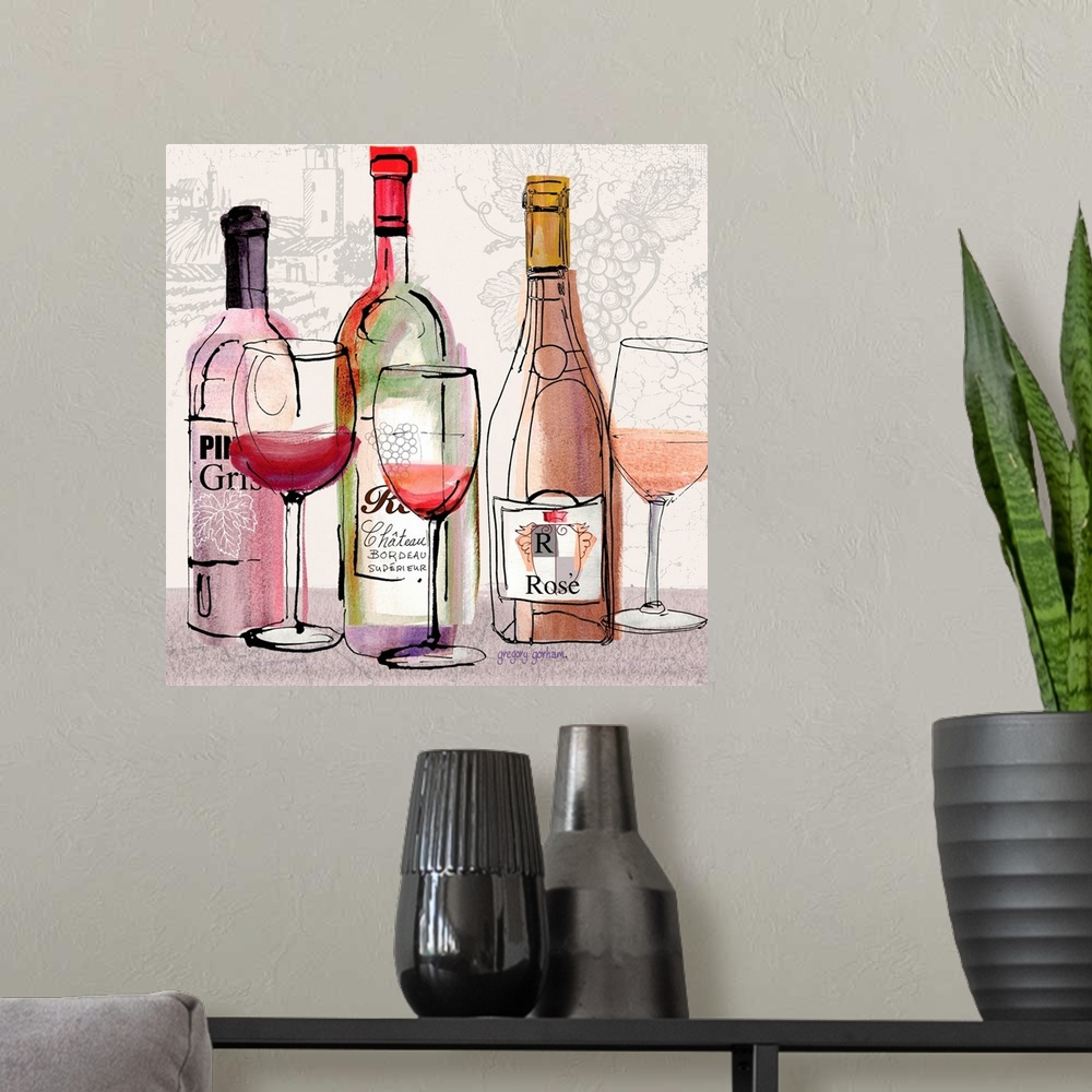 A modern room featuring Loosely styled rendering of wine vignette offers casual take on this popular theme.