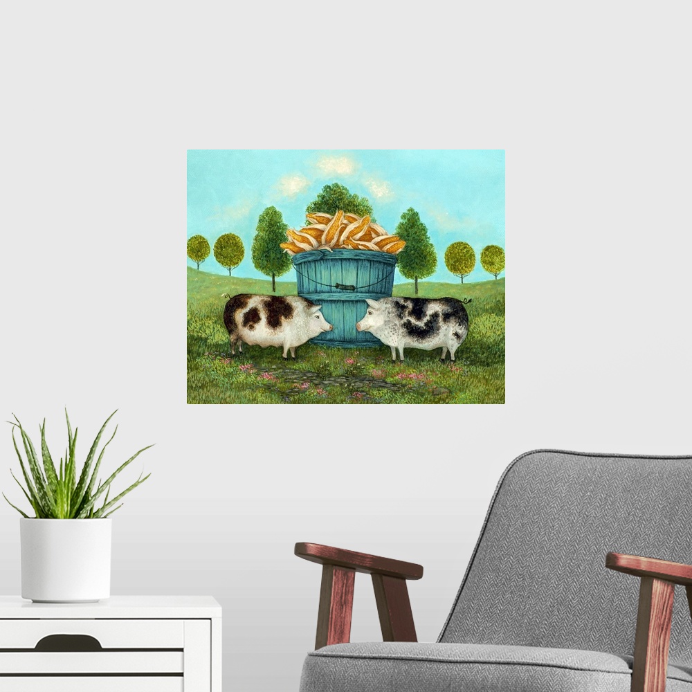 A modern room featuring A contemporary folk art painting of two spotted hogs standing by a blue wooden bucket filled with...