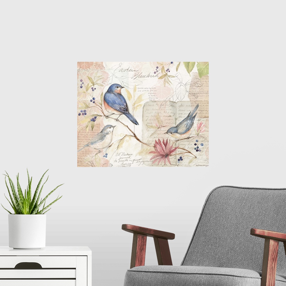 A modern room featuring Lovely sketchbook bird art is a soft accent den, living room or bedroom.