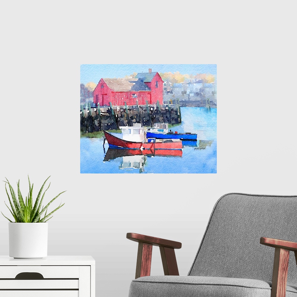 A modern room featuring Watercolor painting of a red house and fishing boats on in a seaside town.