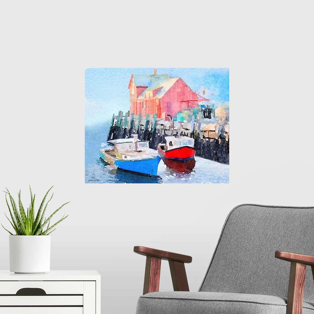 A modern room featuring Watercolor painting of a red house and fishing boats on in a seaside town.