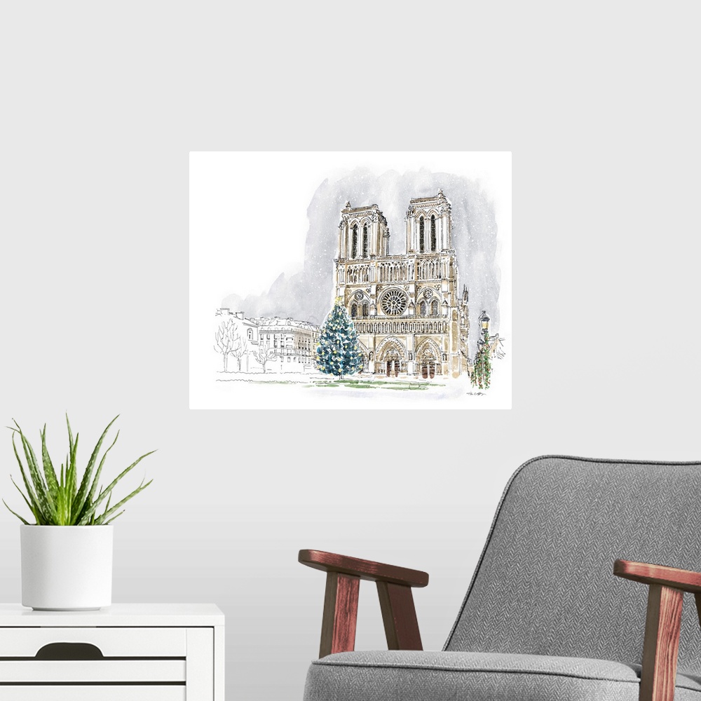 A modern room featuring A lovely pen and ink depiction of a European cathedral at Christmas