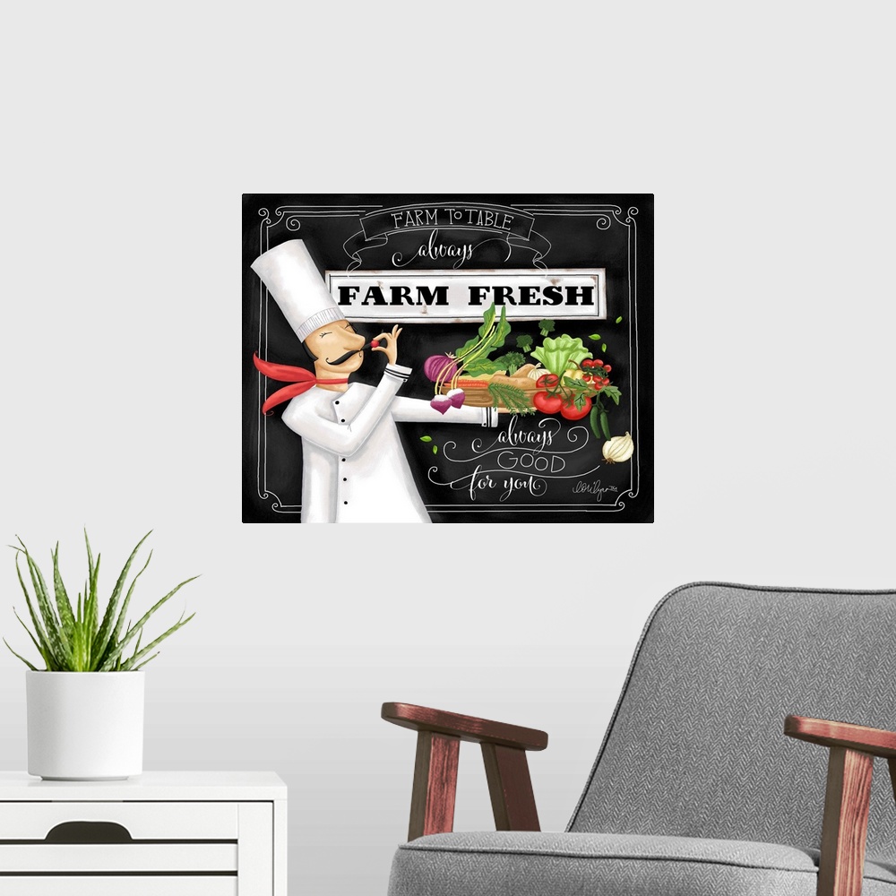 A modern room featuring A fun and whimsical chef celebrates the joy of fresh food!