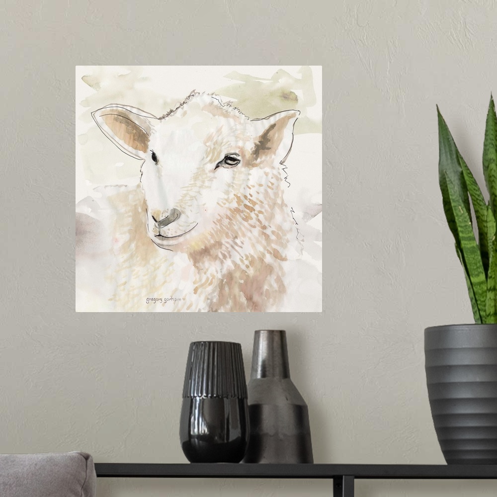 A modern room featuring Pastel watercolor portrait of a sheep.
