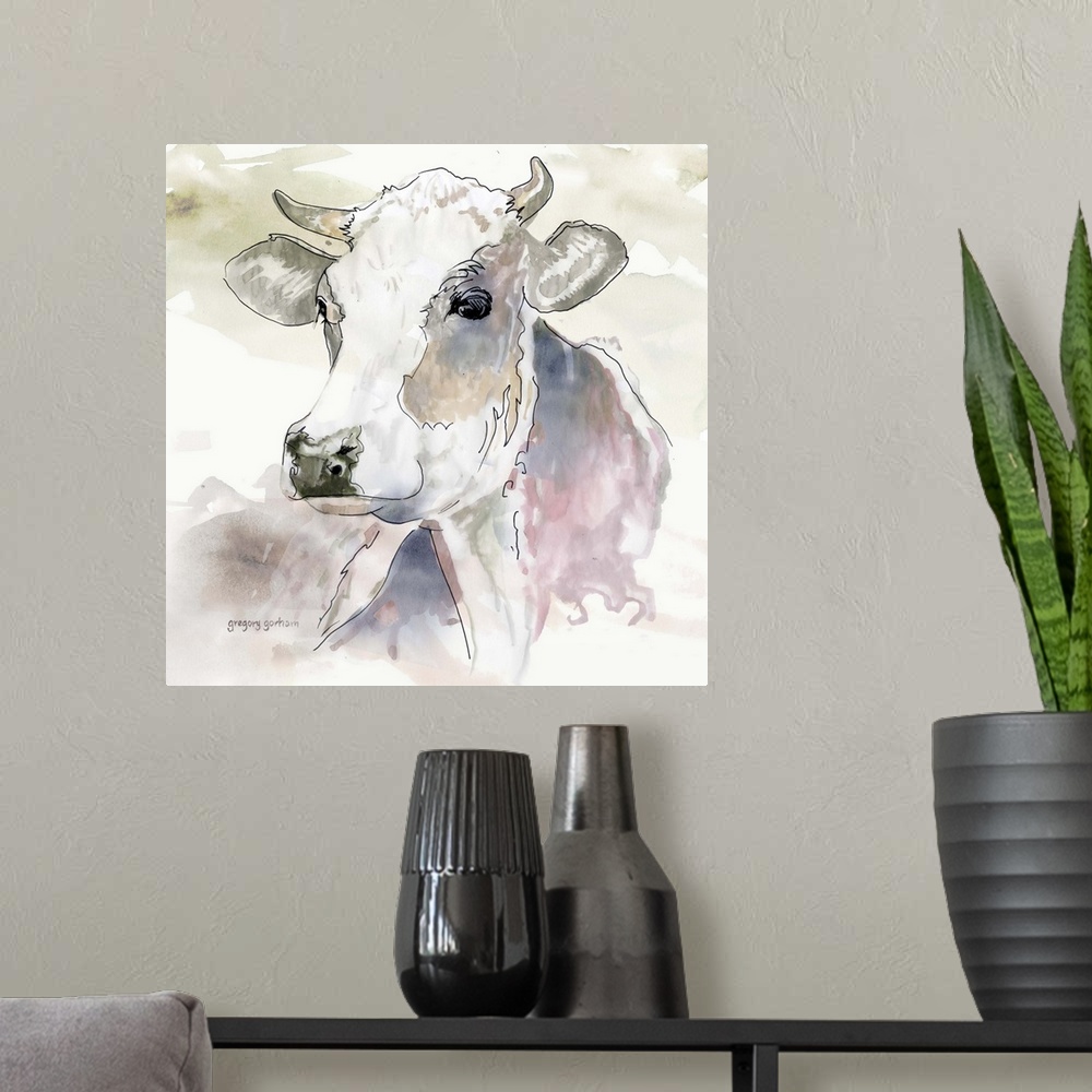 A modern room featuring Pastel watercolor portrait of a dairy cow.