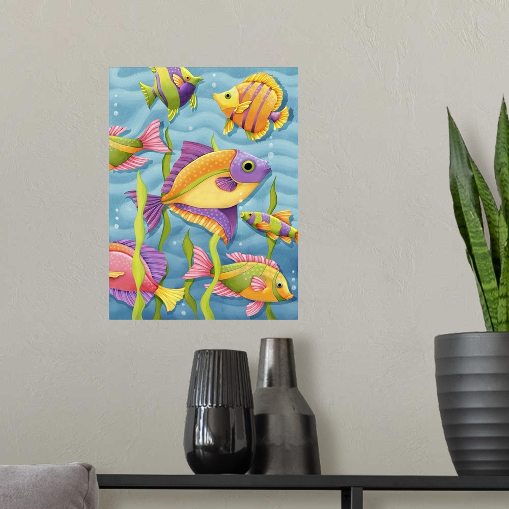 A modern room featuring Fun, colorful tropical fish art, great for kids room, bathrooms, cabanas, etc.