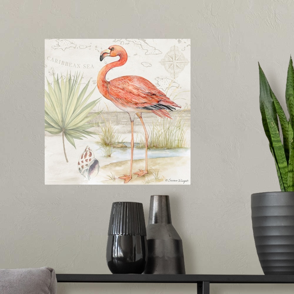 A modern room featuring Softly hued scene featuring a striking pink flamingo is a subtle and tasteful coastal statement.