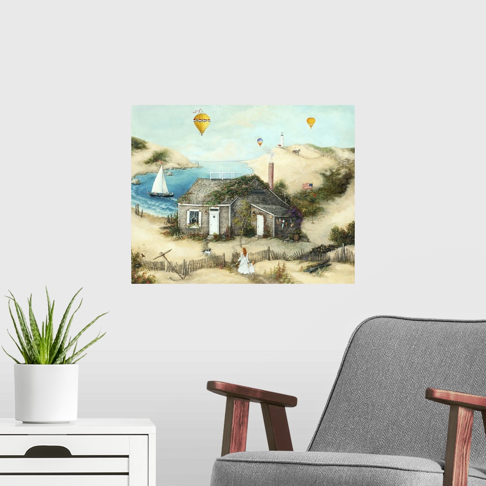 A modern room featuring A contemporary painting of a bay side cottage scene.