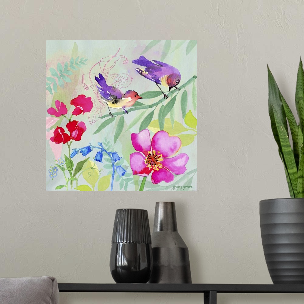 A modern room featuring Bright and colorful garden aviary image adds soft design element to a room.