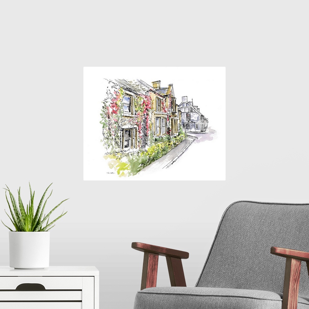 A modern room featuring A lovely pen and ink depiction of a genteel European city street