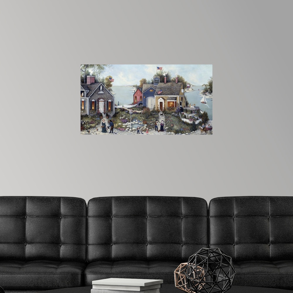 A modern room featuring A contemporary painting of a bay side village scene.