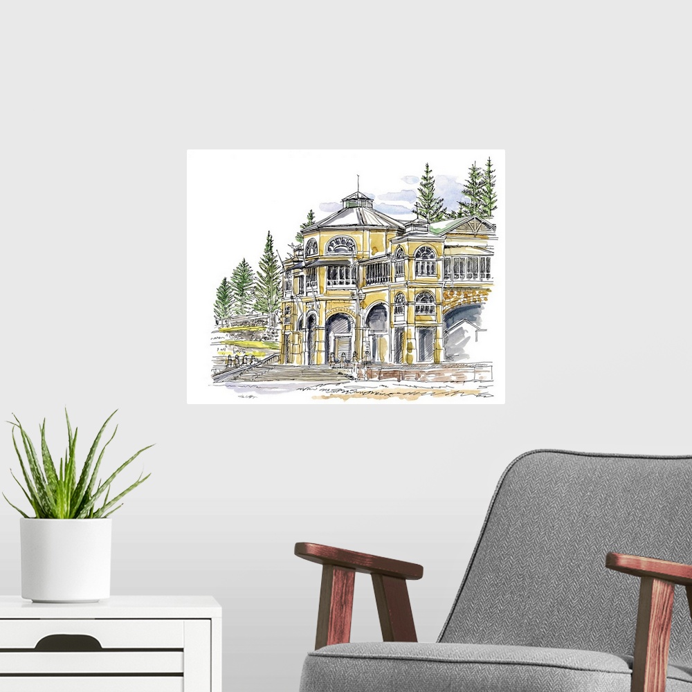A modern room featuring A lovely pen and ink depiction of a golden lit structure