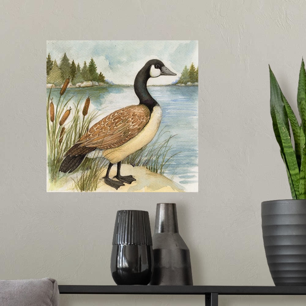 A modern room featuring Lovely painterly treatment of a Goose at the Lake